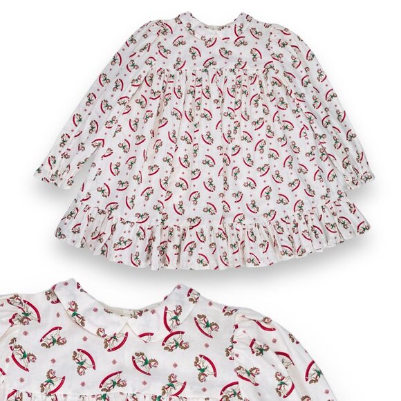 Vintage Winter Christmas Holiday Rocking Horse Long Sleeve Ruffle Dress 4 - 5 - Picture 1 of 7